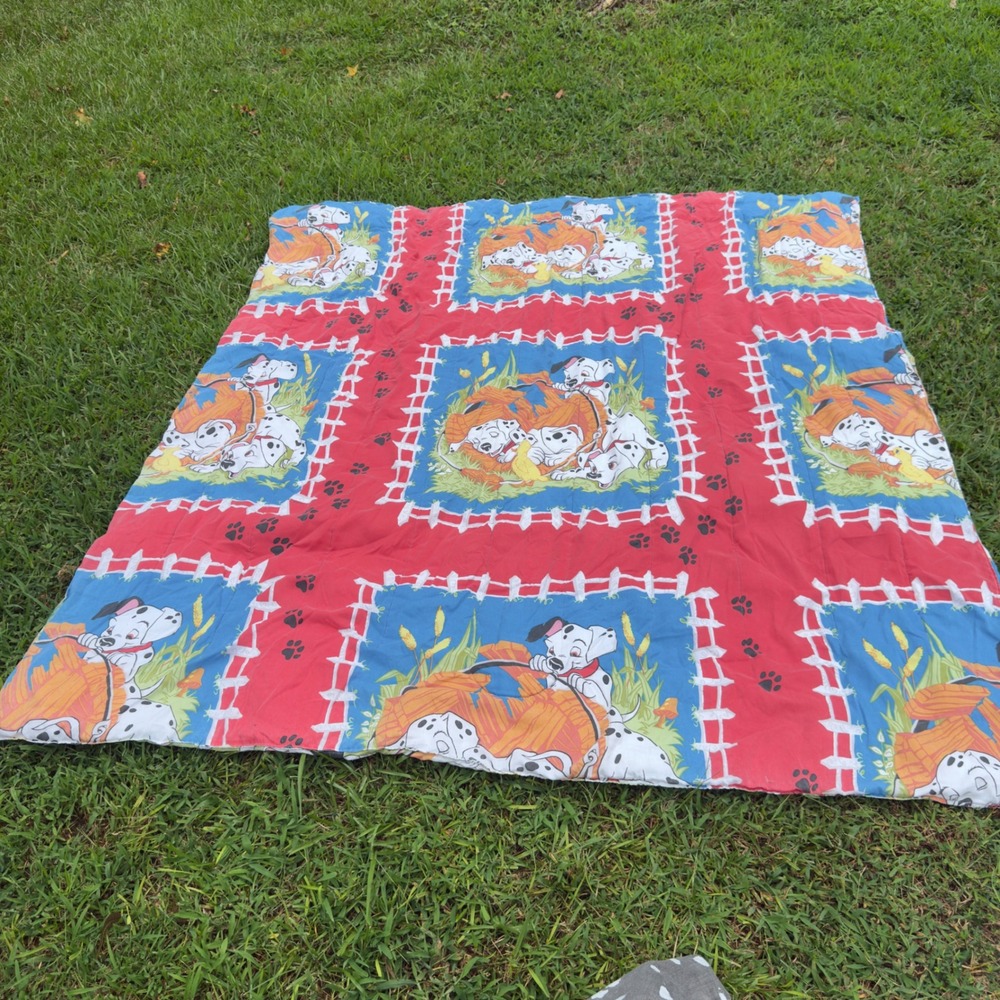 Vintage 90 Disney 101 Dalmatians Reversible Comforter Red Blue Puppy Print 86x72